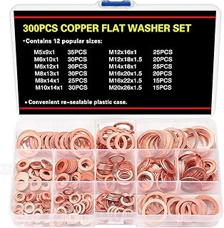 300 PCS Copper Sealing Rings Assortment Set, 12 Sizes Copper Metric Flat Sealing Washers Kit, Sump Plug Gasket Crush Washer Assortment, M5 M6 M8 M10 M12 M14 M16 M20