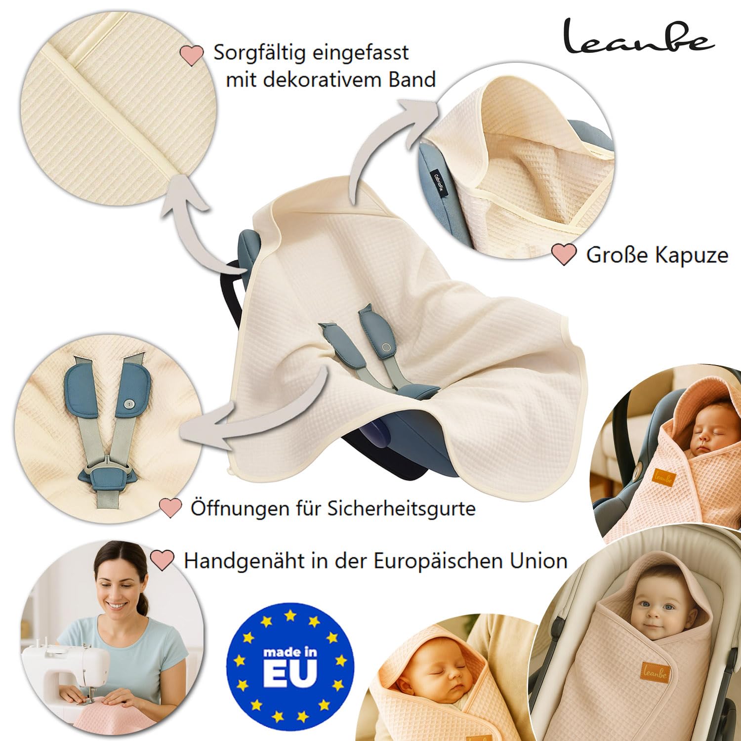 Einschlagdecke aus Waffelstoff für den Sommer 100% Baumwolle Babydecke für Autositz Kuscheldecke Kinderwagedecke Für Kinderwagen Buggys 3 Punkt Gurt (Beige)