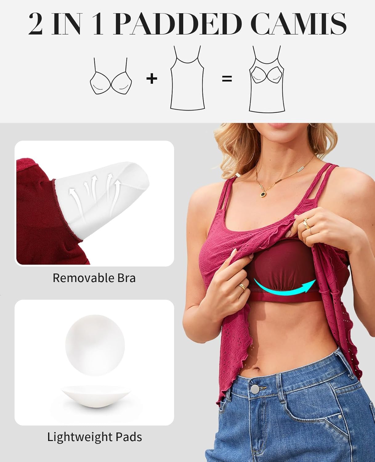 V FOR CITY Women's Tank Tops with Built-in Bra Flowy Eyelet Embroidery Camisole Adjustable Spaghetti Strap Camis Shirts - Image 3