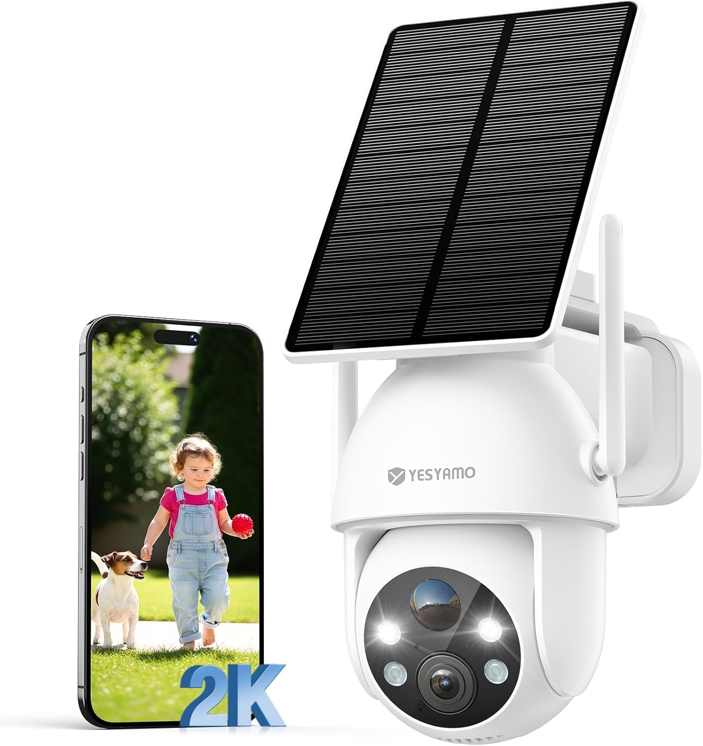 YESYAMO 2K 3MP Outdoor Solar Surveillance Camera, 360° PTZ Camera Outdoor Battery, 2.4GHz Wireless Surveillance Camera with PIR Motion Sensor, 2-Way Audio, Colour Night Vision, IP65