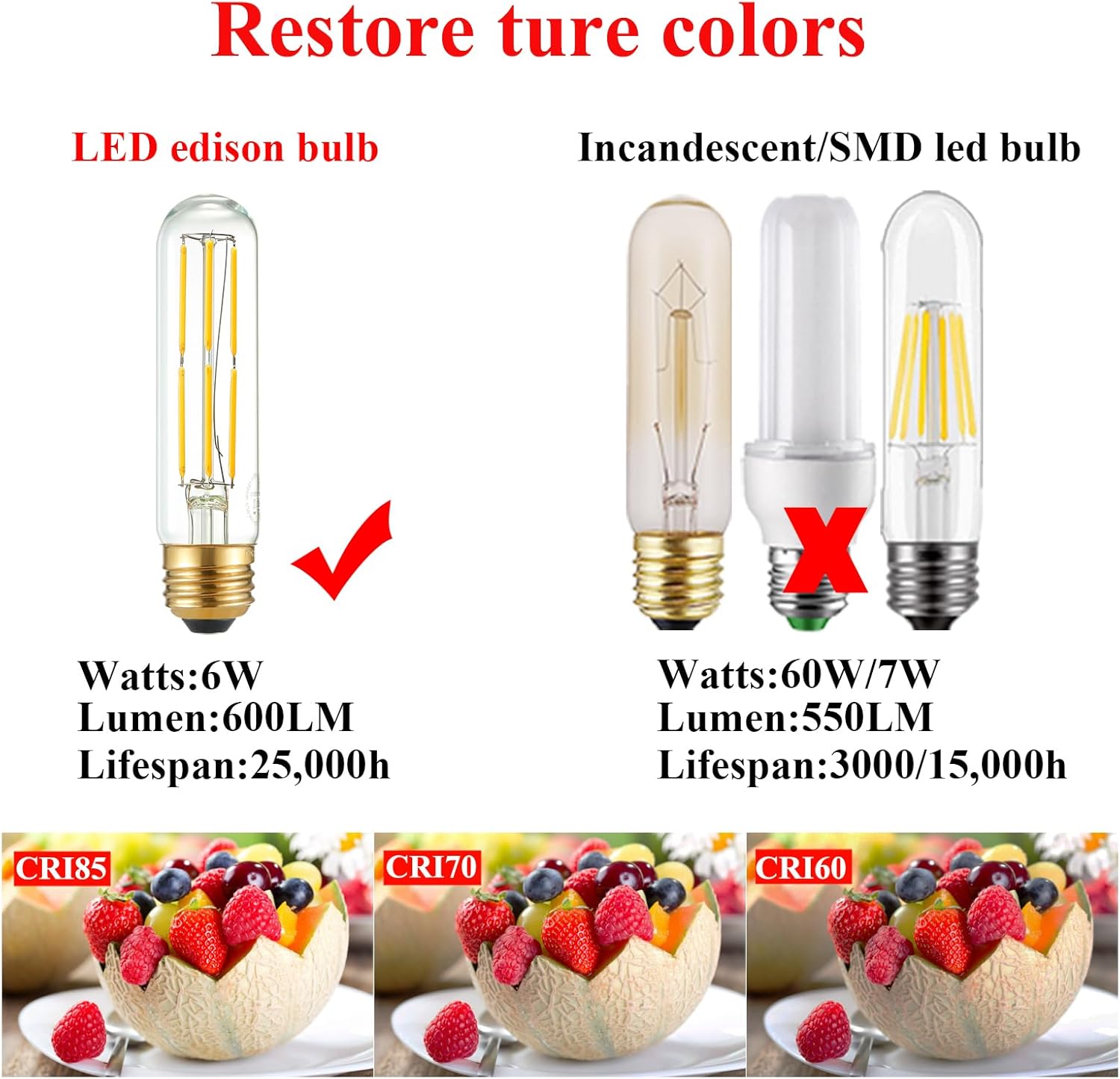 Arberlic 5 Inch T10 LED Bulb,6W Tubular Light Bulb Equivalent E26 led Bulb 60 watt dimmable,Warm White 2700K,600lm,CRI85+,AC120V,Edison Style,Clear Glass,Flicker Free,Pack of 6