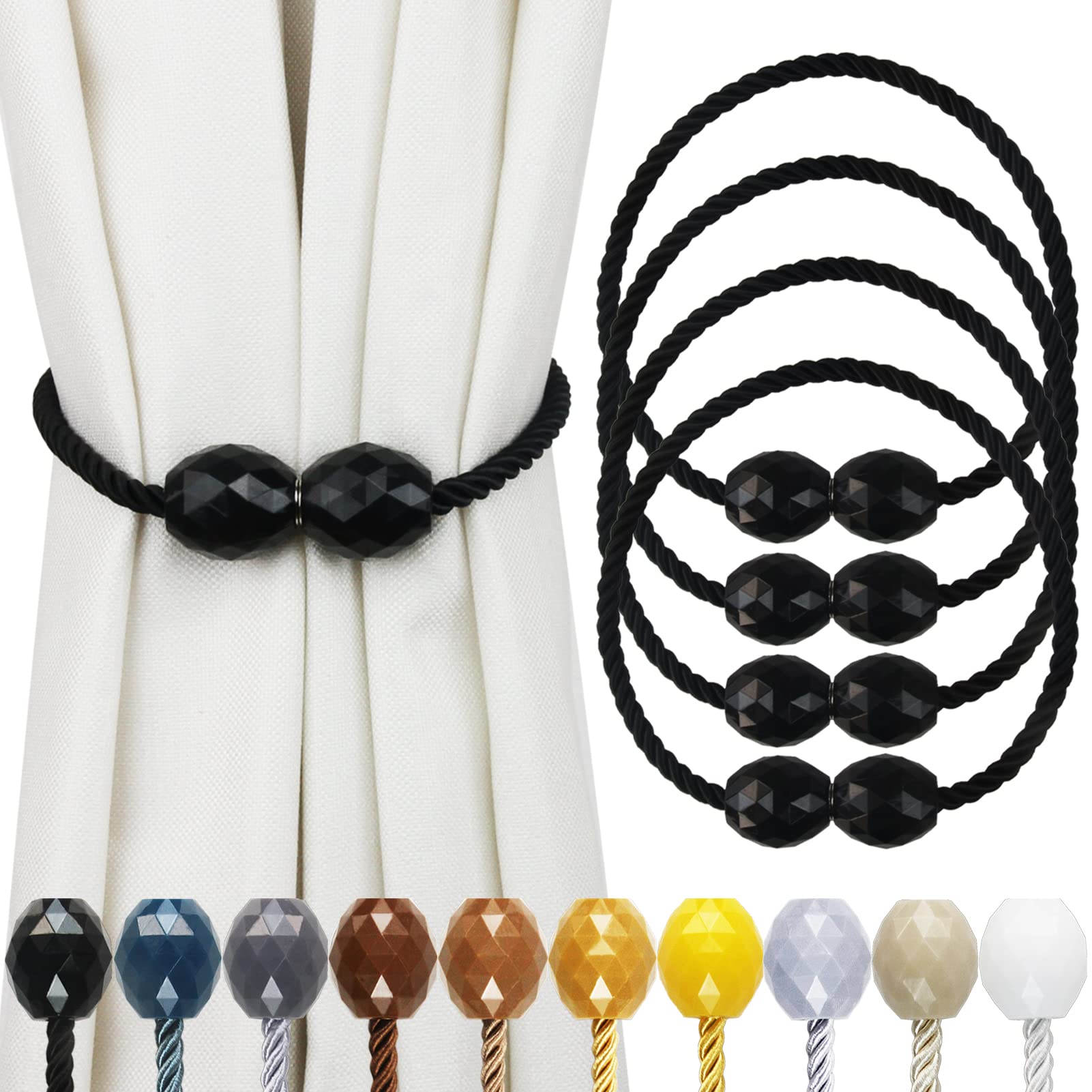 Porlau Strong Magnetic Curtain Tiebacks Black 4 Pack Decorative Tie Backs Outdoor Curtain Rope Tiebacks Elegant Curtain Holdbacks for Drapes