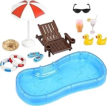 12-Piece Beach Miniature Accessory Set, Gnome Accessories, Dollhouse Decoration with Swimming Pool, Beach Chair, Swimming Rings, Parasols, Duck for DIY Pool Garden Table, Potted Plant and Cake
