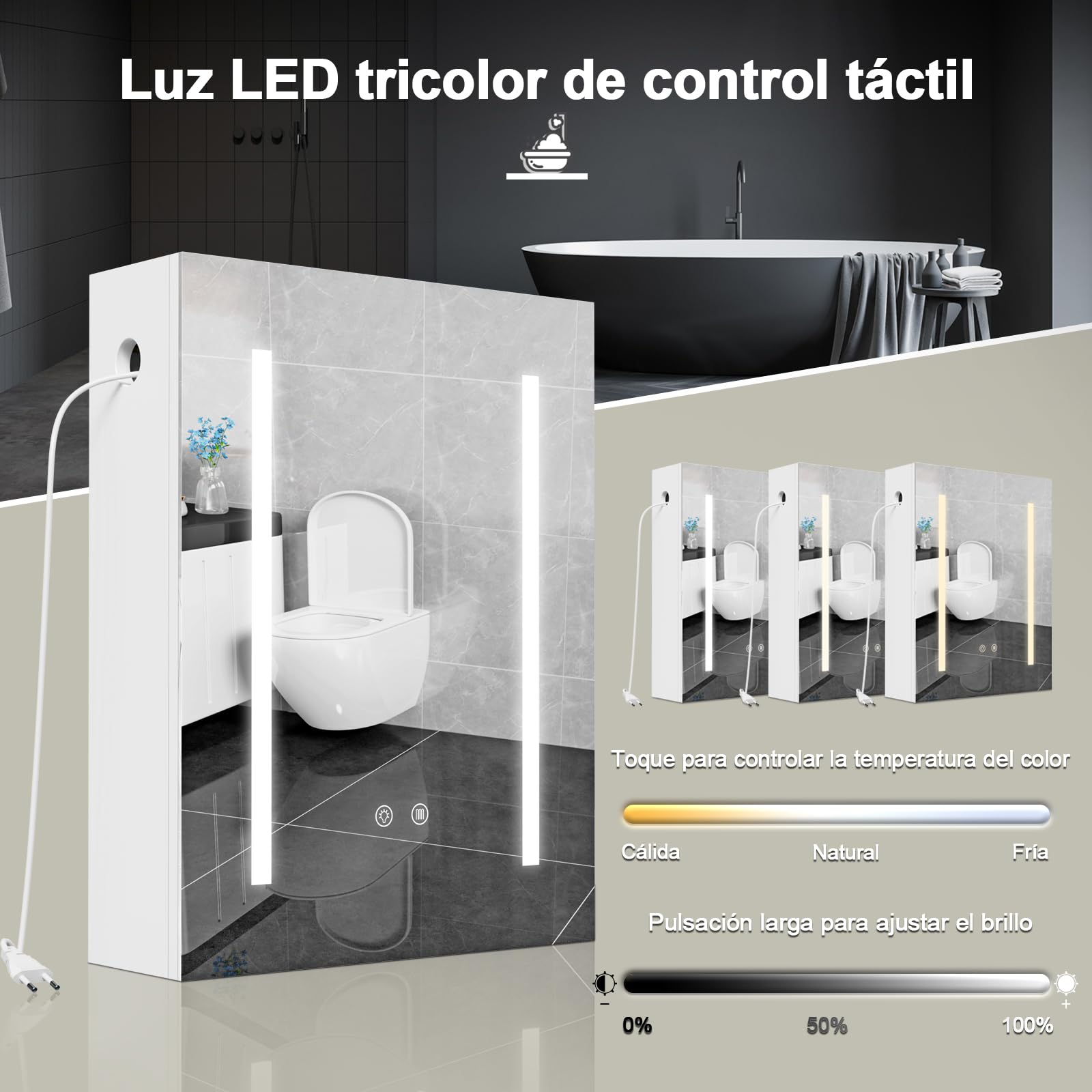 Armario Espejo baño con luz, Mueble de Baño, 3 Estantes Ajustable