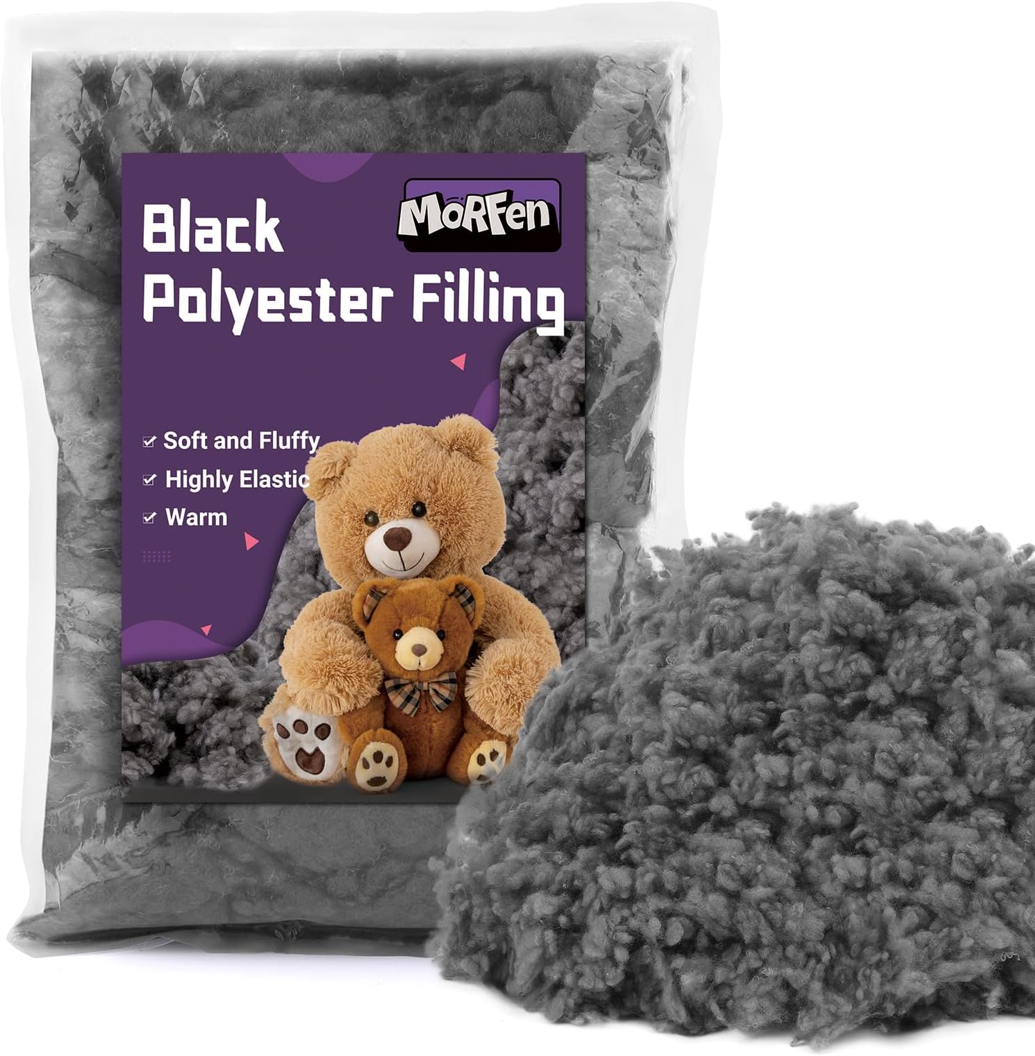 MORFEN 1.76Oz/50g Grey Black Polyfill Stuffing for Animal, Black Fiber Fill, Polyester Stuffing for Stuffed Animals, Heat Polyester Fiber Fill, Premium Poly Filling Stuffing for Crochet DIY Crafts