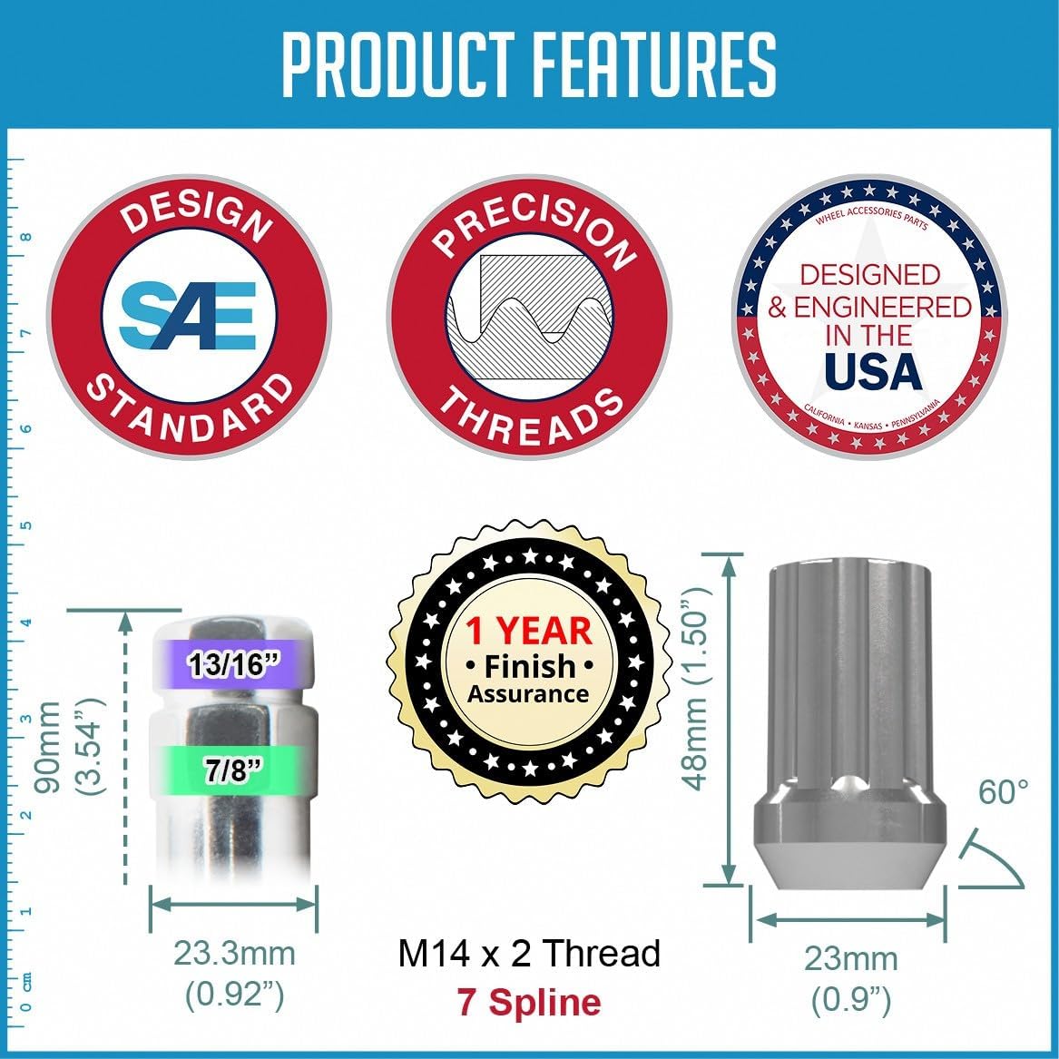 Wheel Accessories Parts 20 Pcs M14 x 2 14 x 2 Thread Short Truck 1.50" Long Spline Lug Nuts Chrome 7 Spline Hex Fits 2000-03 Ford F-150 2000-02 Expedition Lincoln Navigator