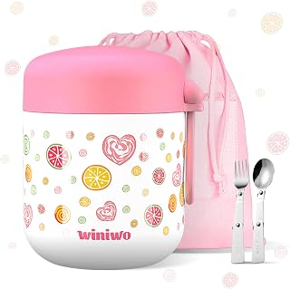 12oz Insulated Food Jar for Kids, Easy Carry, Wide Mouth, Thermos for Hot Food, Soup, Salad, Sandwich, School Lunches (Red-Candy)