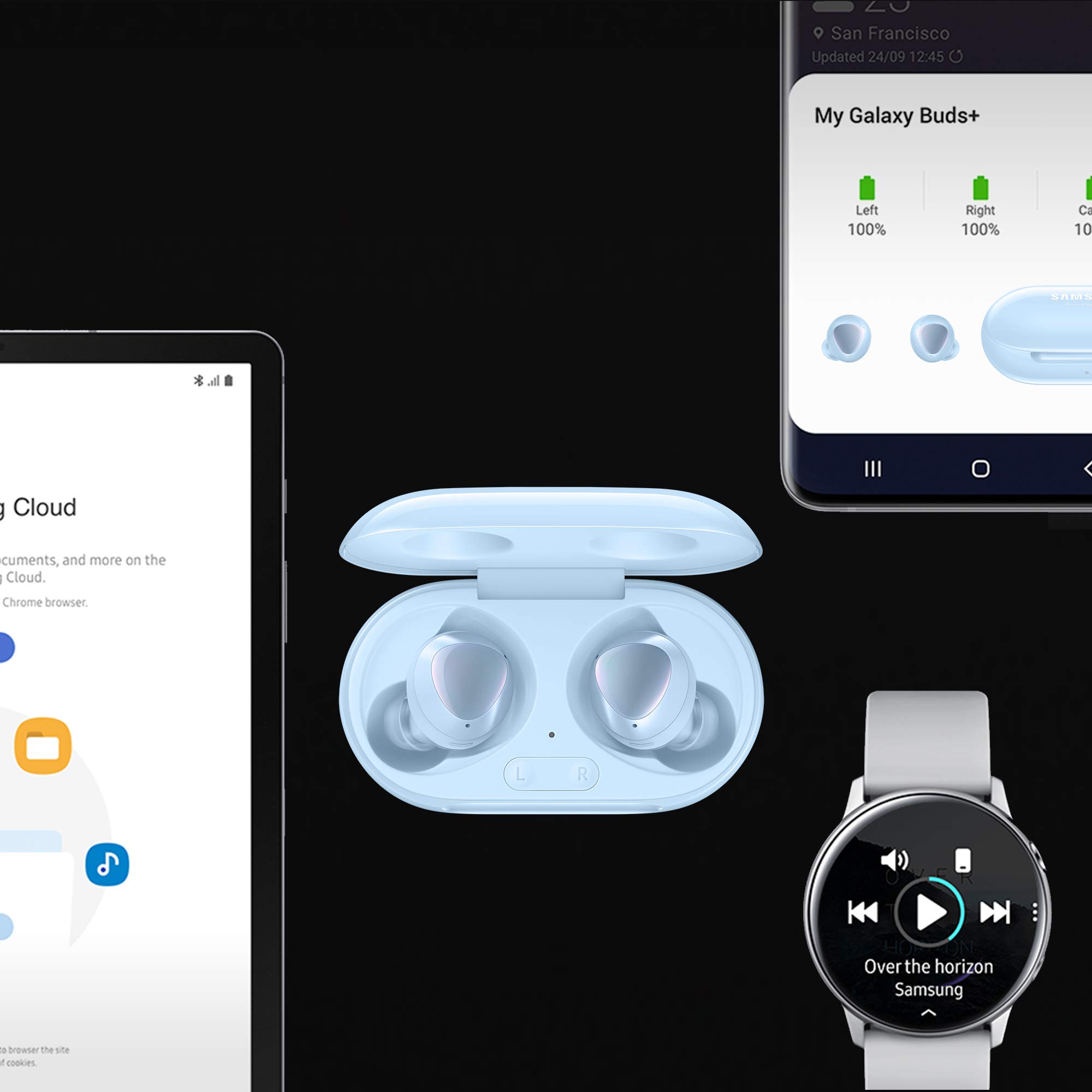 Samsung Galaxy Buds+ Auricolari Wireless, Tre microfoni, Controlli touch, Ricarica Wireless, Suoni ambientali, Autonomia: tot 22 ore (auricolari 11 ore + custodia 11 ore), 2020 [Vers. Italiana], Blue