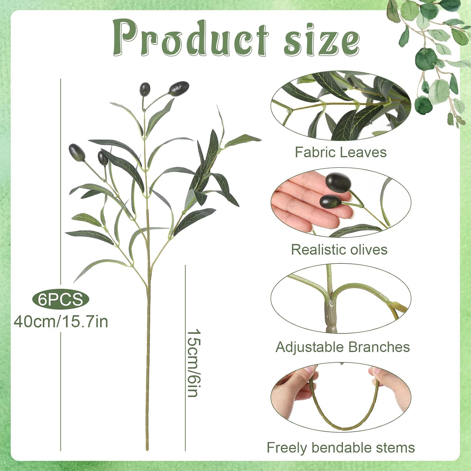 6Pcs 15.7" Artificial Olive Branches, Realistic Faux Plants Olive Leaves Stems for Vase Decor, Wedding Centerpieces, Farmhouse Home Party Decor