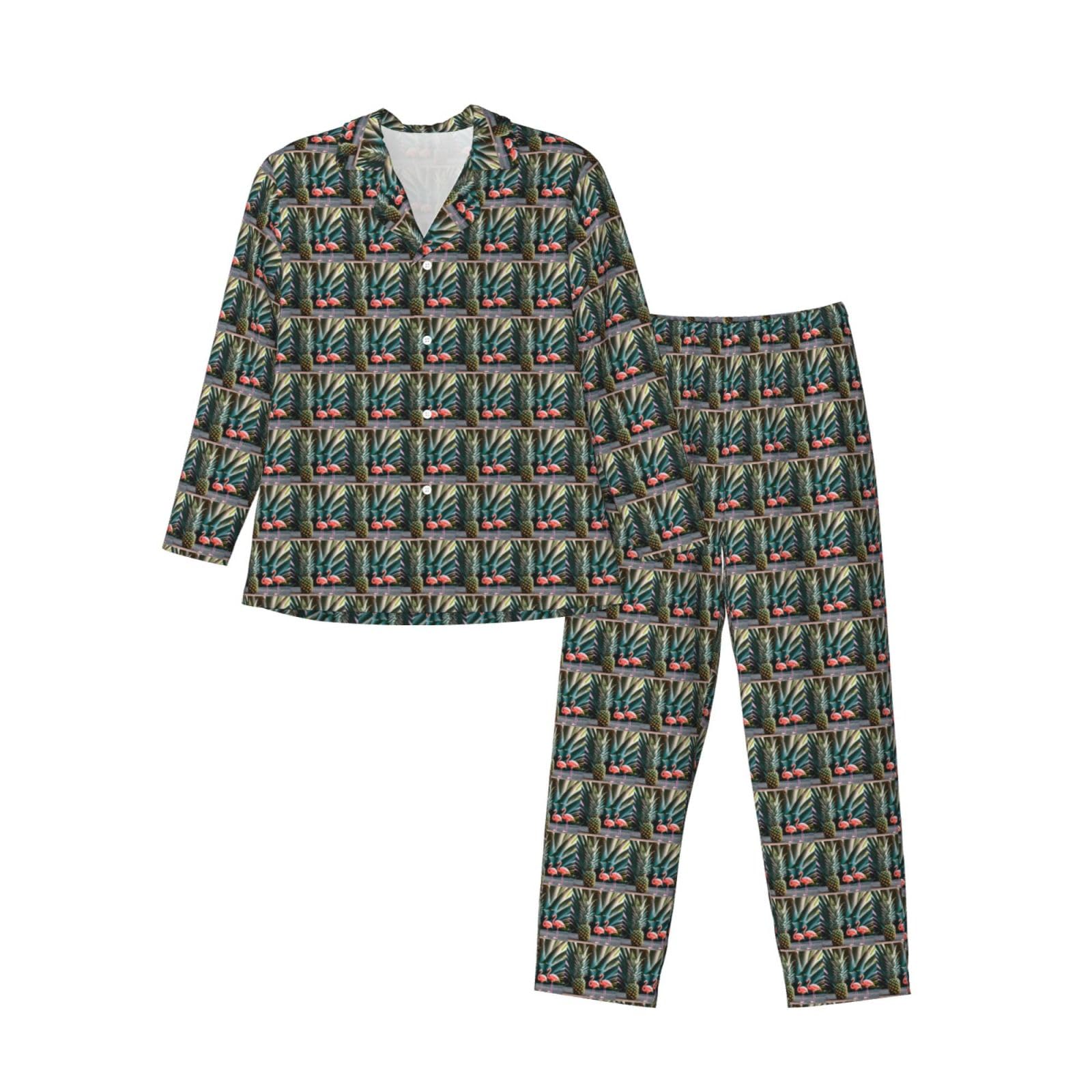 Herren-Pyjama-Set, langärmelig, Ananas-Flamingo-Druck, zweiteilig, Hauskleidung, bequeme Nachtwäsche, Nachtwäsche