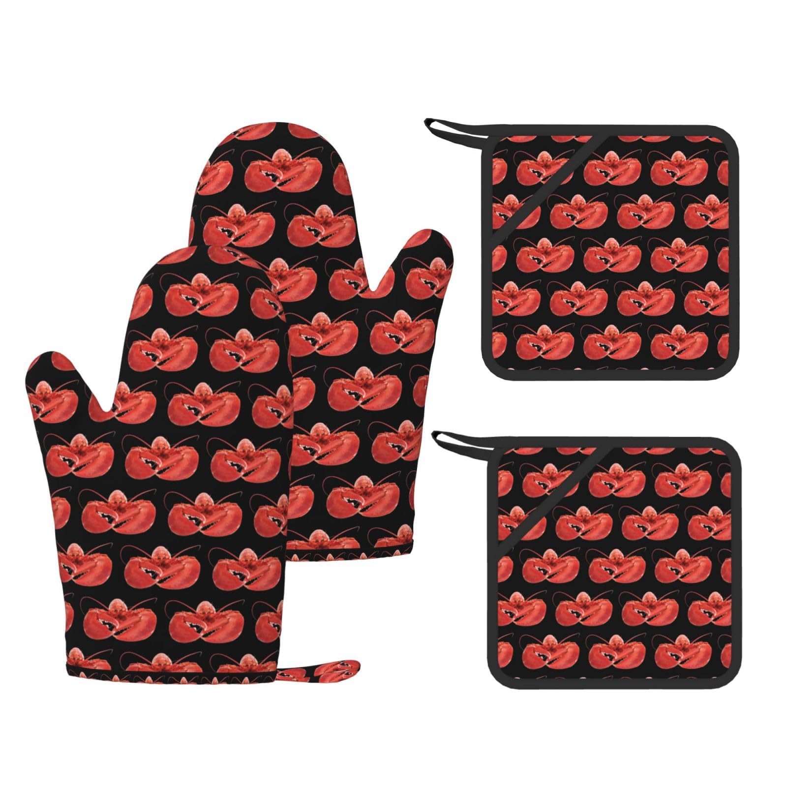Eeprty Black Lobster Printed Kitchen Oven Gloves And Potholder 4 Pcs, Non-Slip Heat Resistant Mitts For Baking Chef