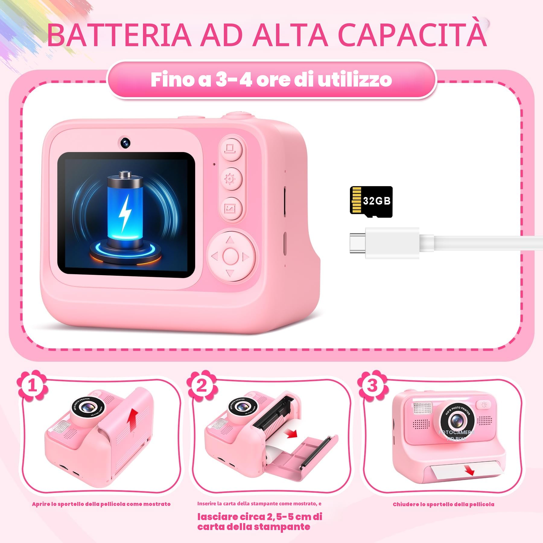 Subtail Macchina Fotografica Bambini Istantanea-2,4 Pollici 1080P Fotocamera Digitali Istantanea perBambini Selfie conScheda da32GB - Regalo per Bambini per Ragazze Ragazzi 3 4 5 6 7 8 9 10 11 12 Anni