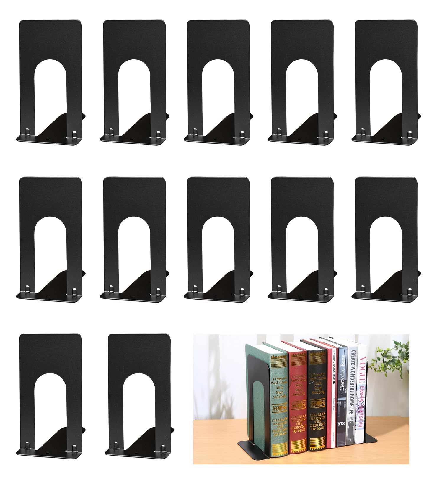 6 Pares de Sujetalibros, Metal Sujeta Libros Estanteria Sujeta Apoyalibros Soporte Libros Aguanta Separador de Libros Organizador Antideslizante para Casa Oficina Biblioteca Escuelaa-Negro,7x10x13 cm