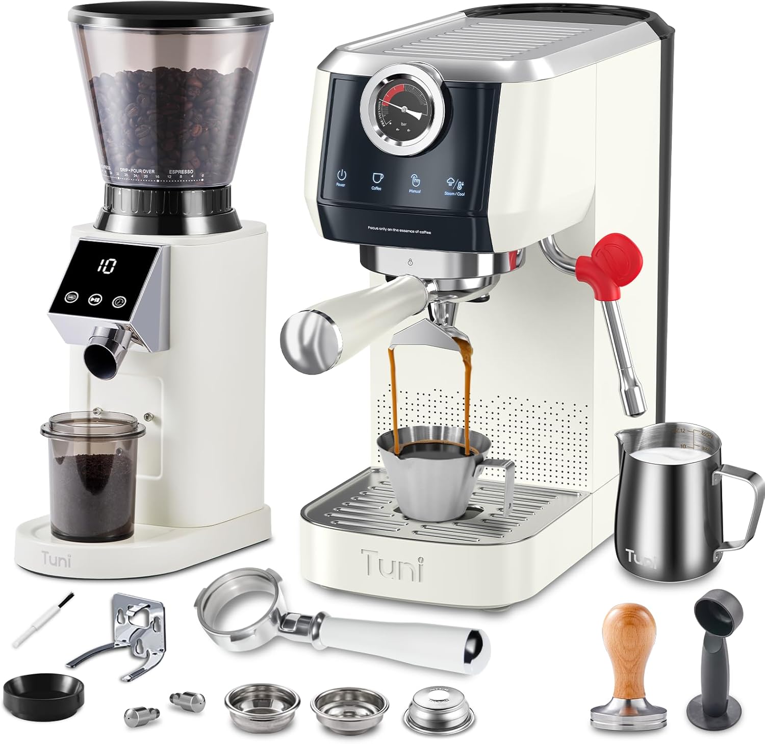 Tuni E2 58mm Espresso Machine with G1 Ivory Conical Burr Coffee Grinder and Bottomless Portalfilter Set
