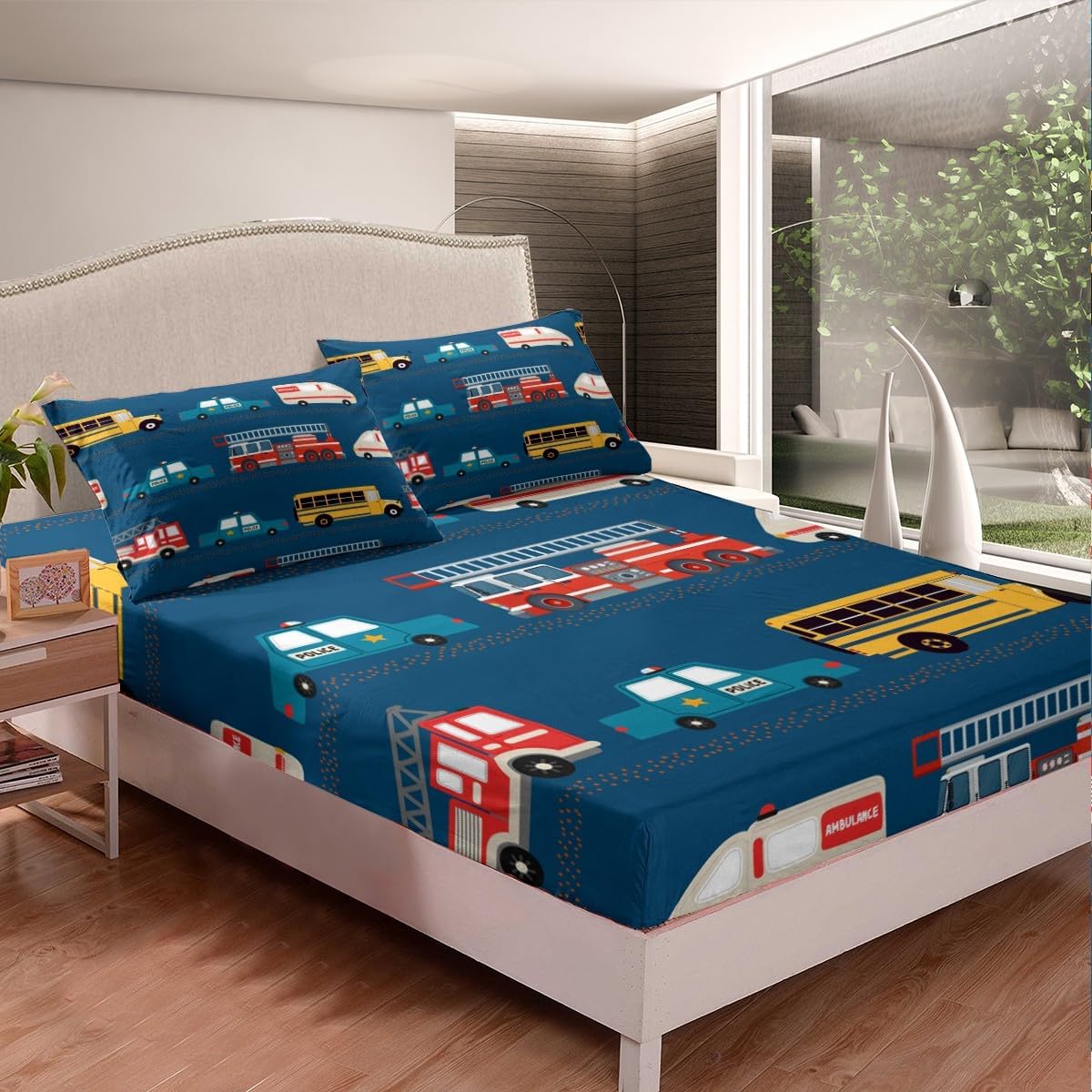 Feelyou Fire Truck Blue Bed Sheets Police Car Sheets for Boys School Bus Bedding Set Equipped Truck Cartoon Sheets Set with 2 Pillowcases 4pcs Bedding Full,1 Fitted Sheet+2 Pillow Sham+1 Flat Sheet