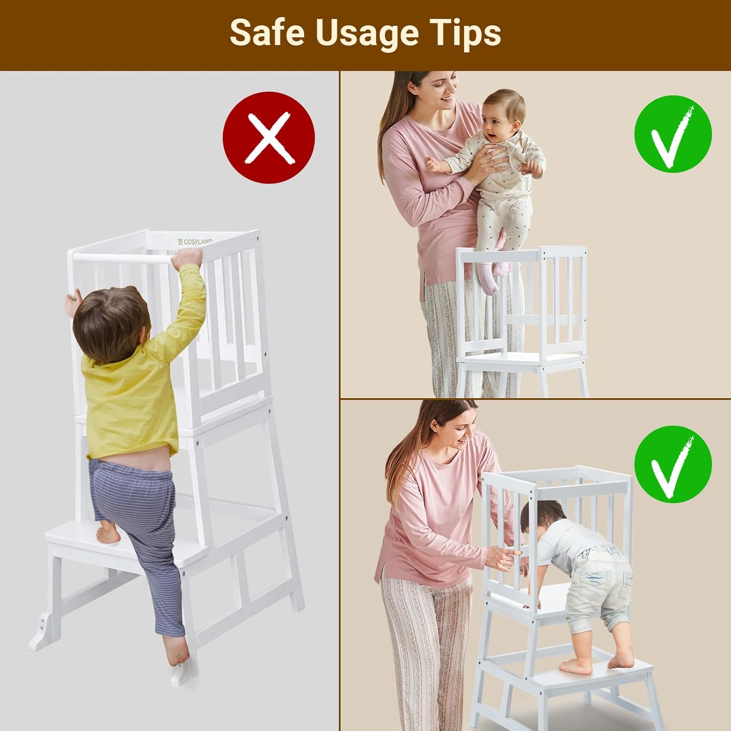 COSYLAND Kitchen Step Stool for Toddlers – Stable A-Frame Design Kids Standing Tower with Protective Crossbar – Wooden Learning Stool for Kitchen Island Counter, Bathroom (White)