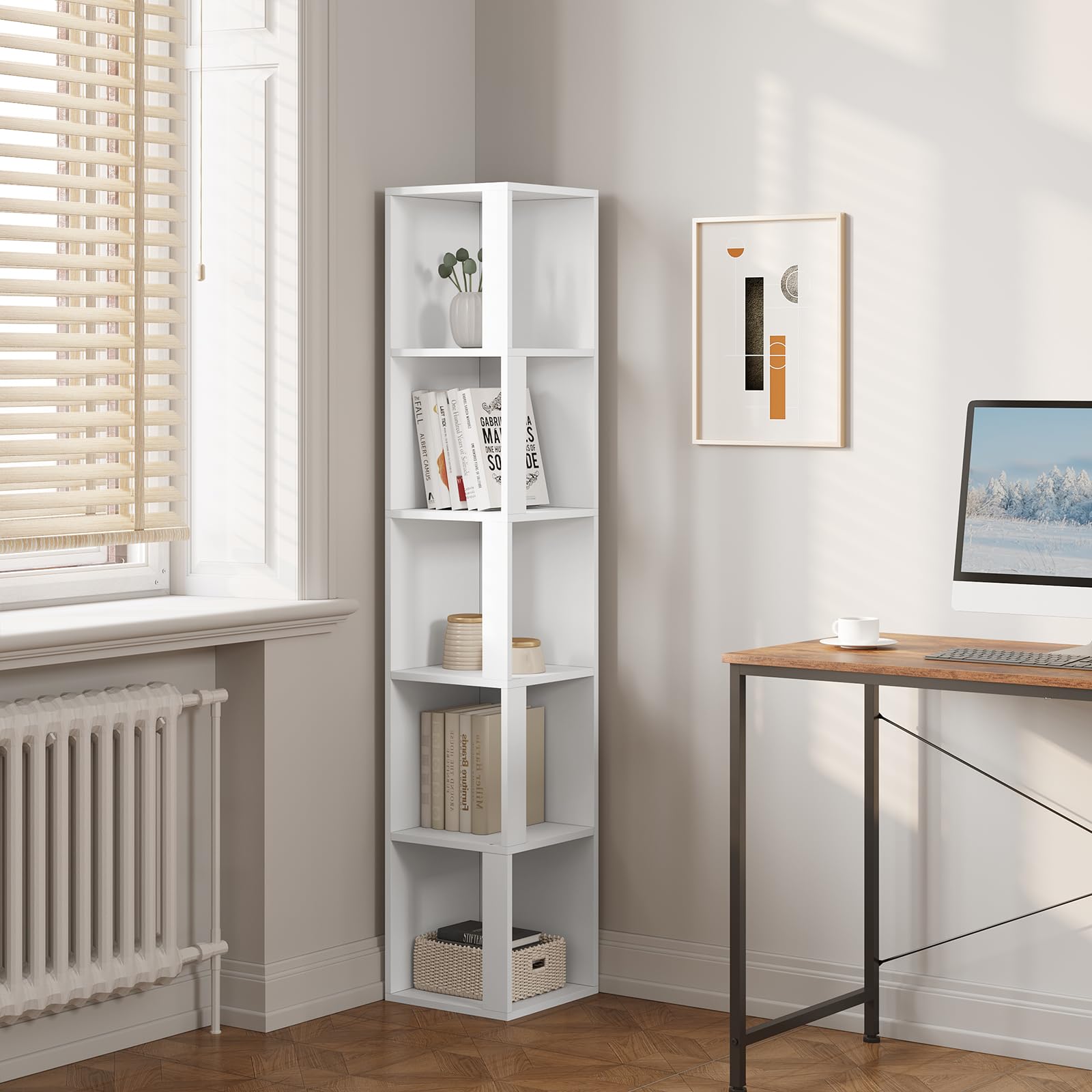 eSituro Libreria de 5 Niveles, Estanteria Vertical para Libros | Libreria Alta y Estrecha, Estanteria de Almacenamiento para Estudio, Oficina y Salón, Blanca, 30x159x30 cm