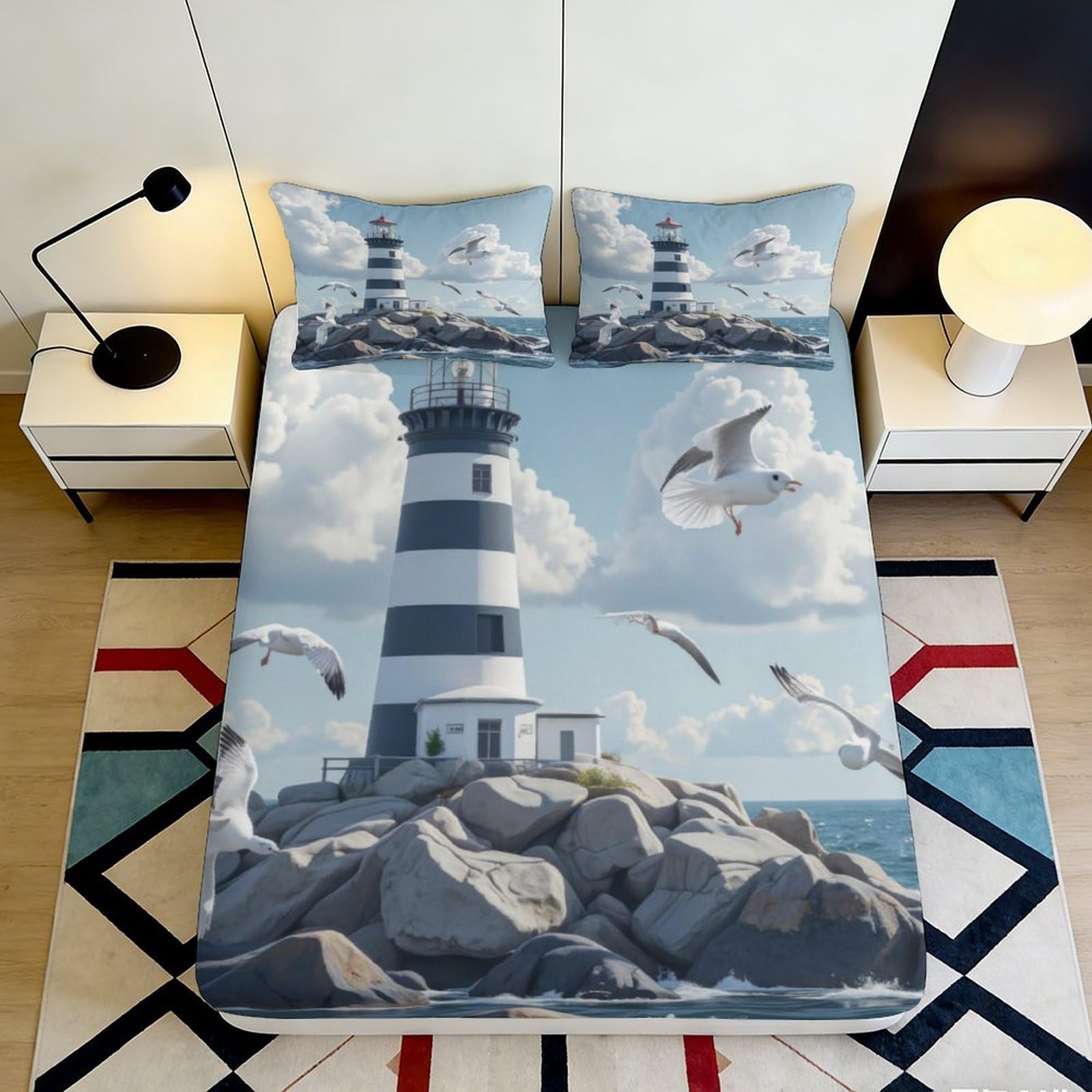 Pnayamiorkfel Style-6 3D Printed Lighthouse Seagull Fitted Sheet Microfiber Soft Blue Ocean Bed Cover For Bedroom Guest Room Mattress Decor 90X200x25cm