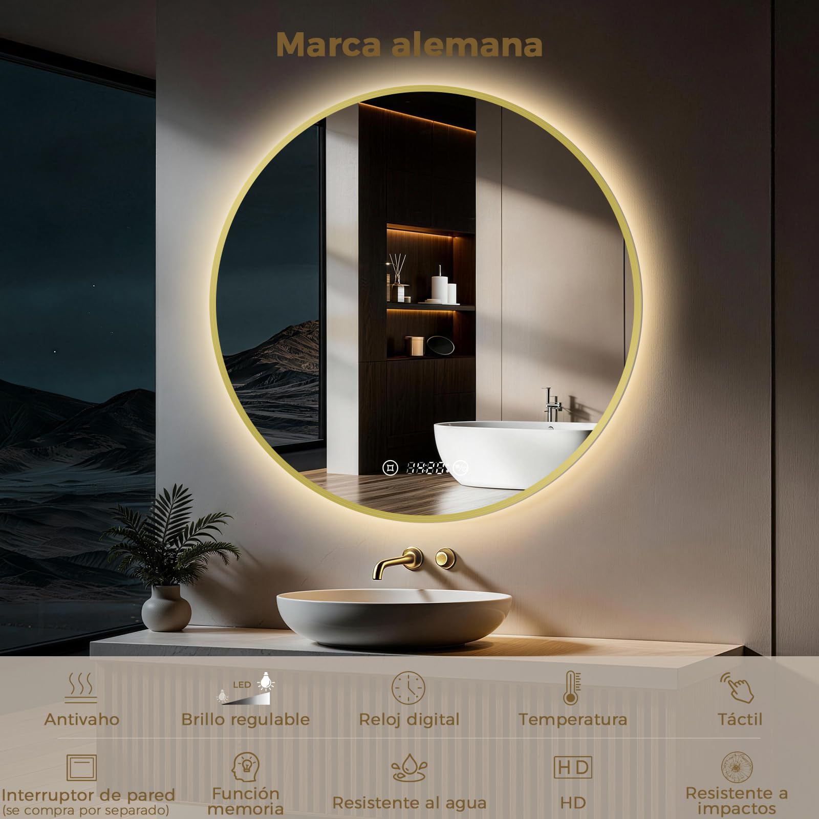 S'AFIELINA Espejo Baño con Luz LED Redondo Ø70 cm, Marco Dorado | Espejo Redondo de Baño con LED, Espejo Retroiluminado, Diseño Sin Marco, Luz Neutra, Espejo de Pared, Decorativo para Baño