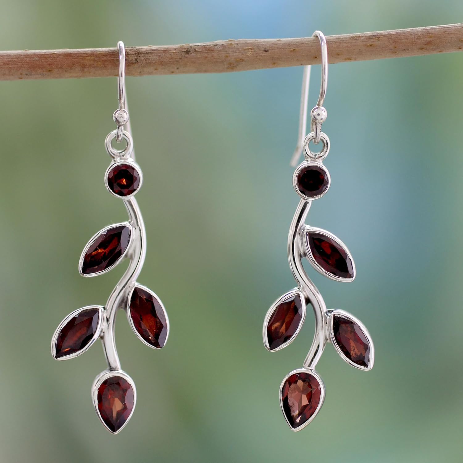 NOVICA Artisan Handmade Garnet Flower Earrings Sterling Silver Indian Jewelry Red Dangle Marsala Leaf Tree Birthstone [1.9 in L x 0.6 in W x 0.2 in D] ' Scarlet Bouquet'