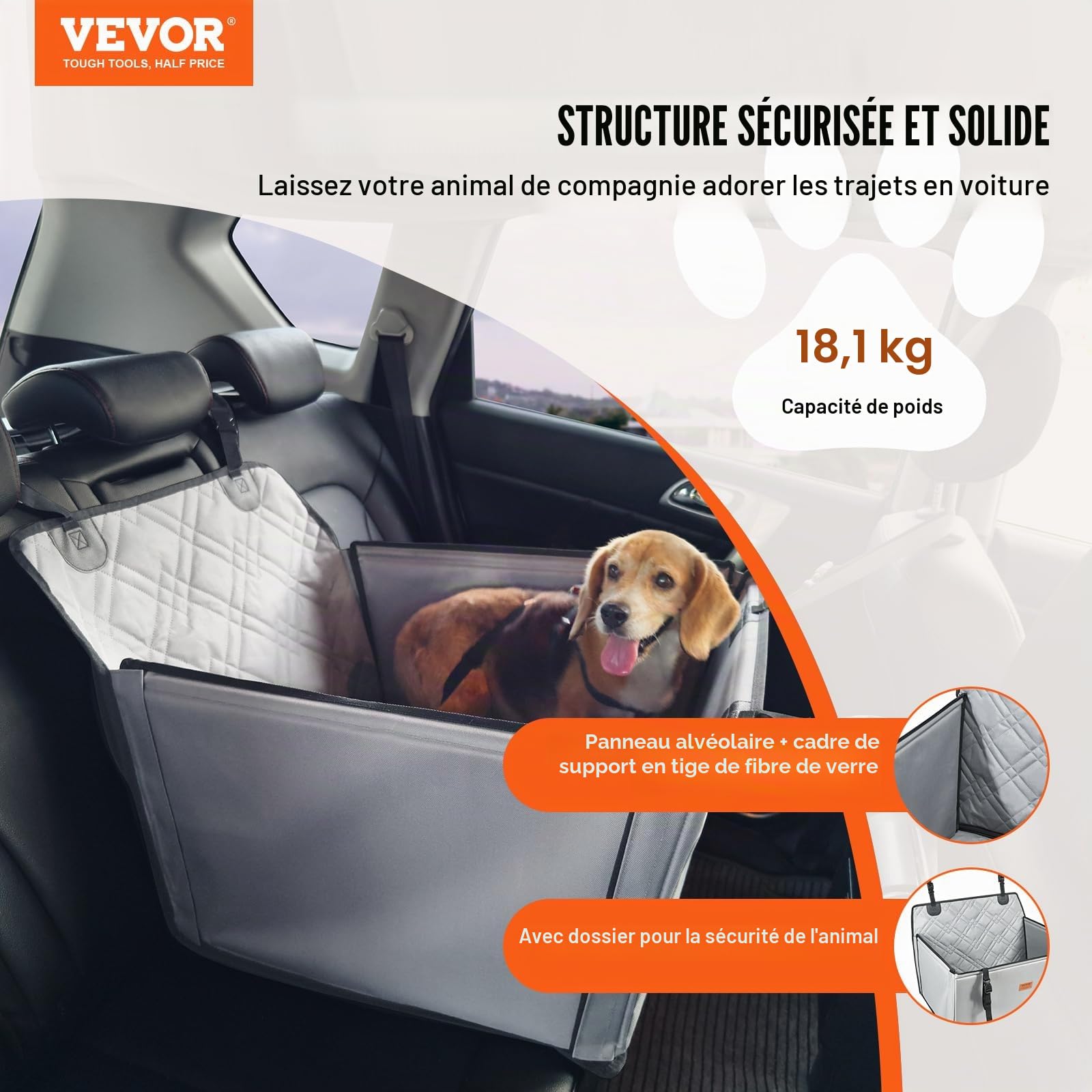 VEVOR Siège d'auto pour Chiens Petits Moyens Grands 18 kg, siège rehausseur imperméable pour Chien, avec Cadre de Support, Laisse de sécurité à Clipser, lit de Voiture pour Animal de Compagnie, Gris