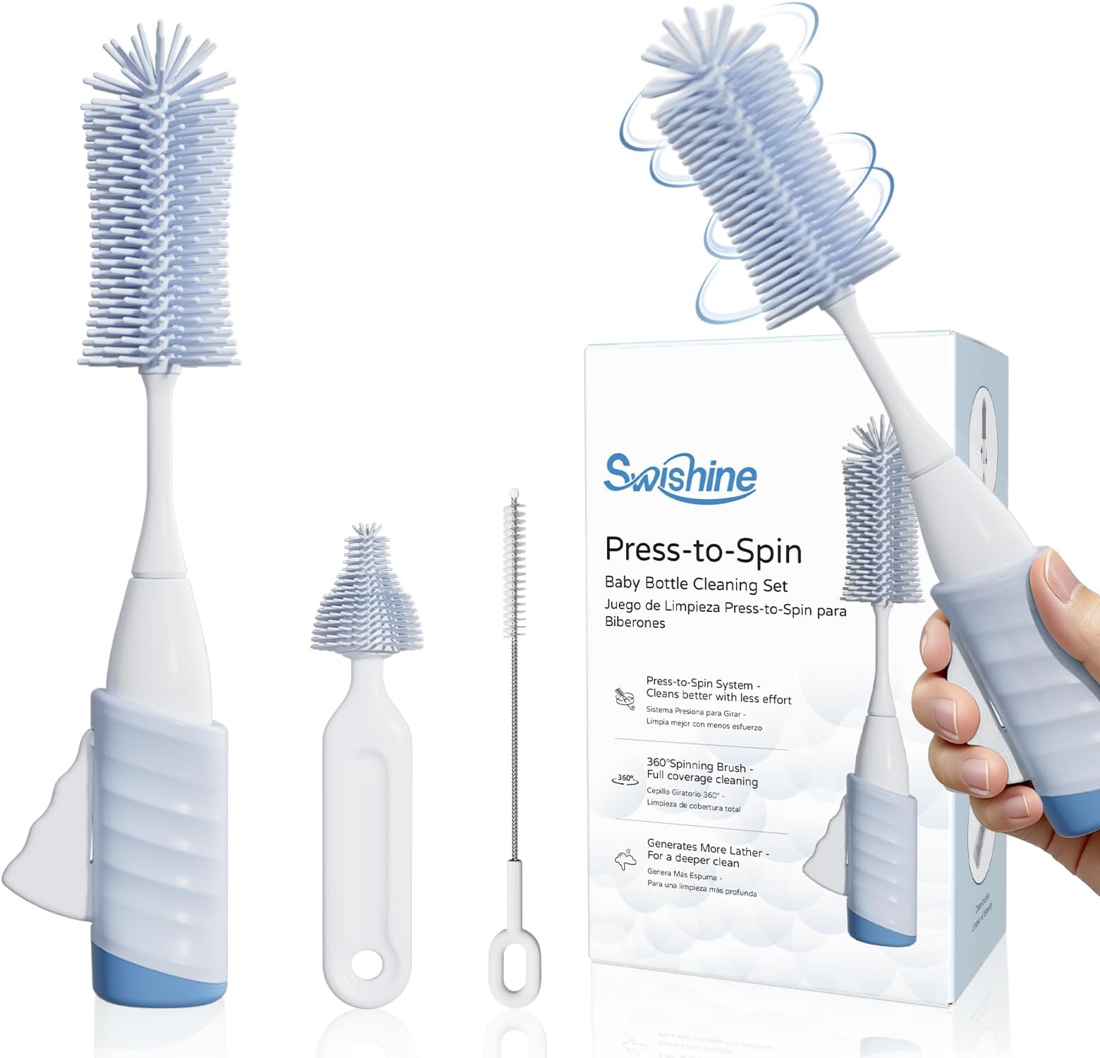 Baby Bottle Brush Set, Innovative Efficient Press-to-Spin Brush Cleaner - Includes Silicone Bottle Brush, Nipple Brush, Straw Cleaner - Spinning Generates Rich Foam for Deep Cleaning, Blue