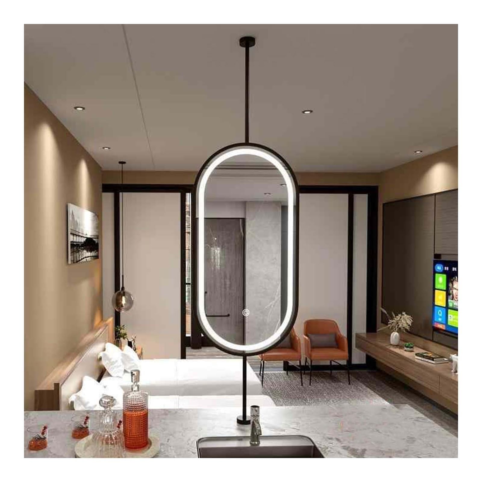 FGXHHS Oval Hanging Rod Mirror Metal Frame LED Lighting, Floating Square Vanity For Home Or Hotel(Black,50x80cm)
