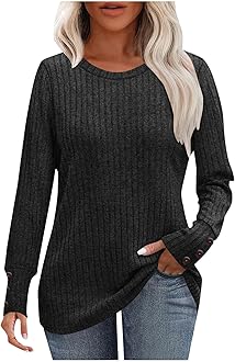 Womens Long Sleeve Sweaters Button Cuff Ribbed Knit Sweaters 2025 Fashion Lightweight Casual Crewneck Tunic Tops