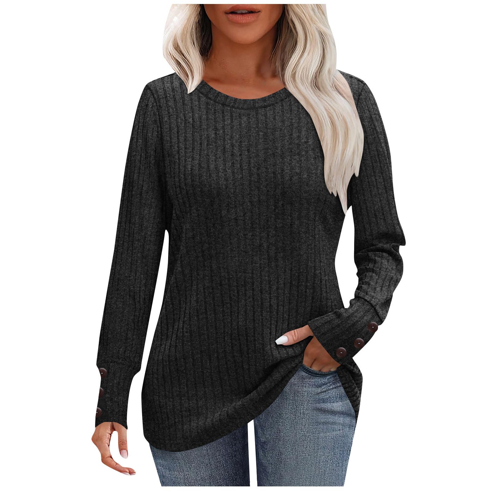 Womens Long Sleeve Sweaters Button Cuff Ribbed Knit Sweaters 2025 Fashion Lightweight Casual Crewneck Tunic Tops