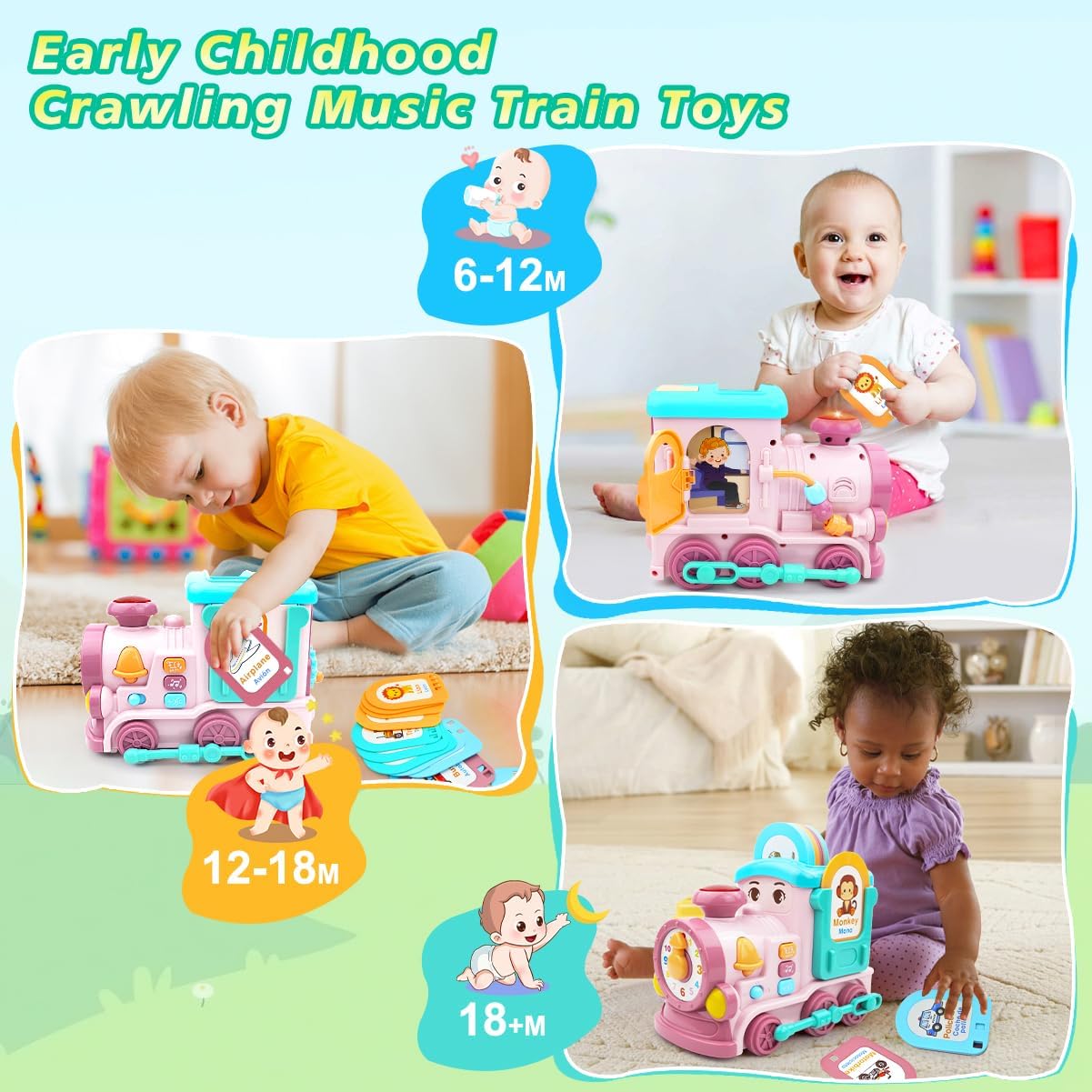 Toys for 1+ Year Old Girls - 24-in-1 Baby Musical Train with Bilingual(EN/ES) 14 Learning Cards, Sound, Lights, Baby Crawling Toys for 12-18 Month+, Fun Birthday & Xmas Gifts for Toddlers 1-3