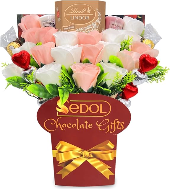Yankee Candle Bouquet Gift Set Hamper with Lindt Lindor, Ferrero Rocher, Heart Chocolates, White and Pink Roses - Birthday Anniversary Chocolate Gift Bouquet for Her (Lindt Assorted)