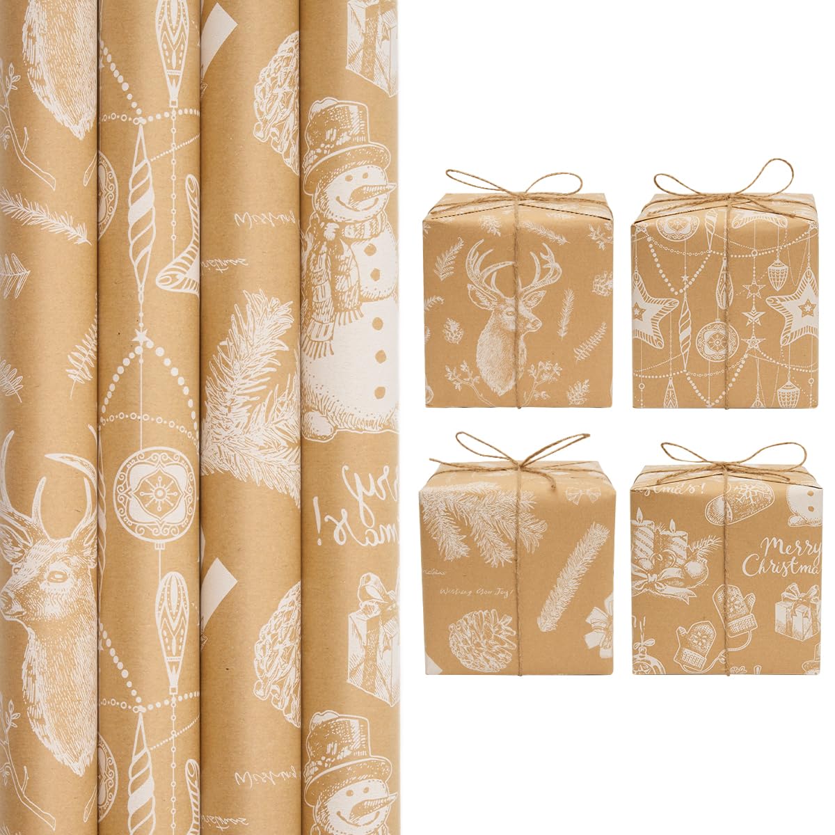 Christmas Kraft Wrapping Paper Roll : Xmas Gift Wrapping Paper Kraft Paper Printed with White Festive Pattern Recyclable Wrapping Paper for Christmas Party Decoration - 4 Rolls 43cm x 3M