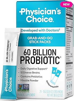 Physicians Choice 60 Billion CFU Probiotic Stick Packs - 10 Strains + Prebiotics - Immune, Digestive & Gut Health - Supports Occasional Constipation, Diarrhea, Gas & Bloating - for Women & Men - 24CT
