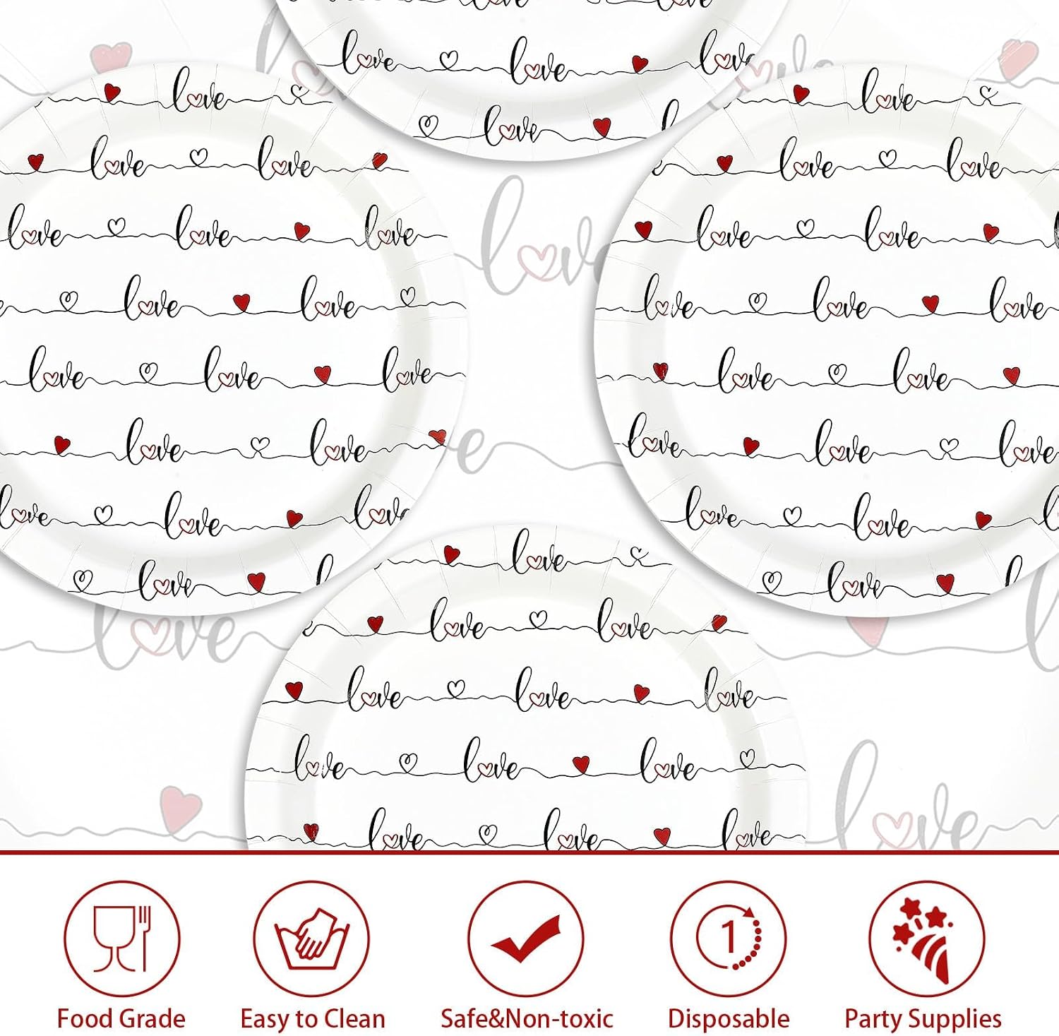 50Pcs Valentine's Day Paper Plates 9" Disposable Red Love Heart Paper Plates Red Hearts Dinner Plates for Valentine Wedding Anniversary Galentine Party Decorations
