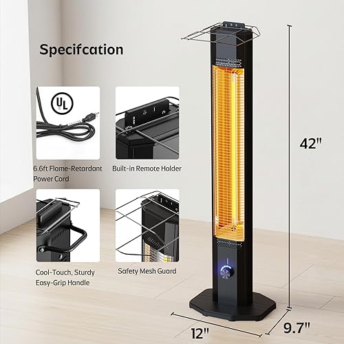Miniatura 8 de Calentador eléctrico para patio al aire libre, calentador de torre infrarrojo de 42 pulgadas de 1500 W con 9 ajustes de calor y temporizador de 9