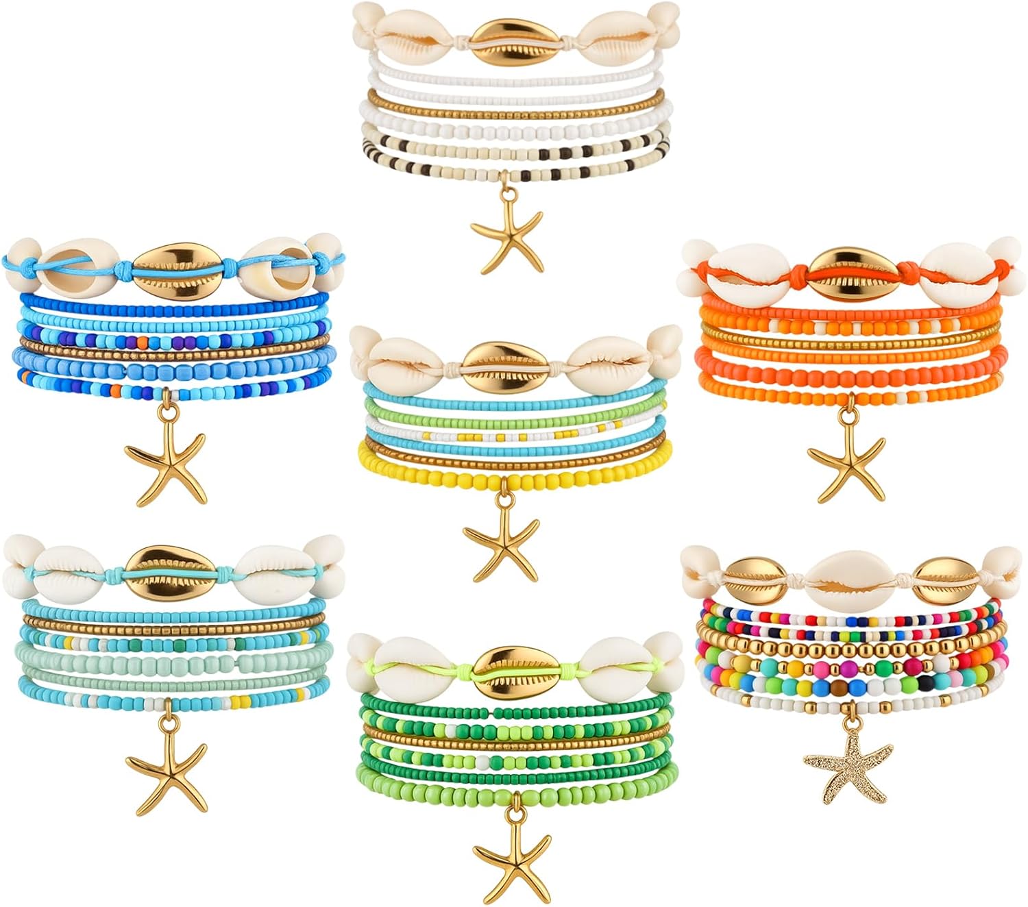 Nosiny 49 Pcs Boho Beach Party Favors, 49 Under The Sea Bracelet Bulk & 7 Card, Stackable Ocean Seashell Starfish Beaded Ankle Bracelets for Women Summer Weekend Gift Coast Nautical Friendship Jewelry
