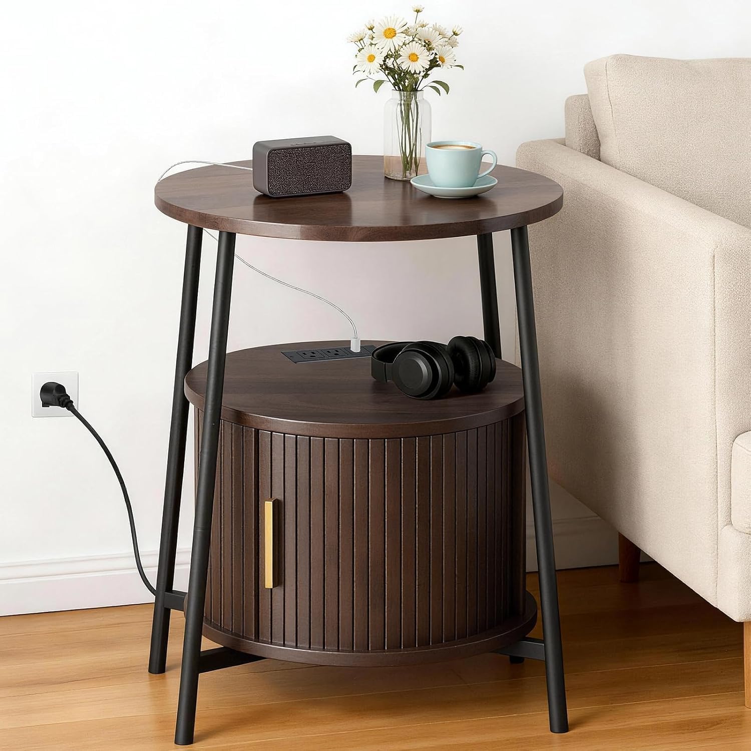 Round End Tables Set of 2: Fluted Side Table with Drawer & Charging Station, Mid-Century Modern Nightstand with Sliding Door for Small Space Storage, Living Room, Bedroom