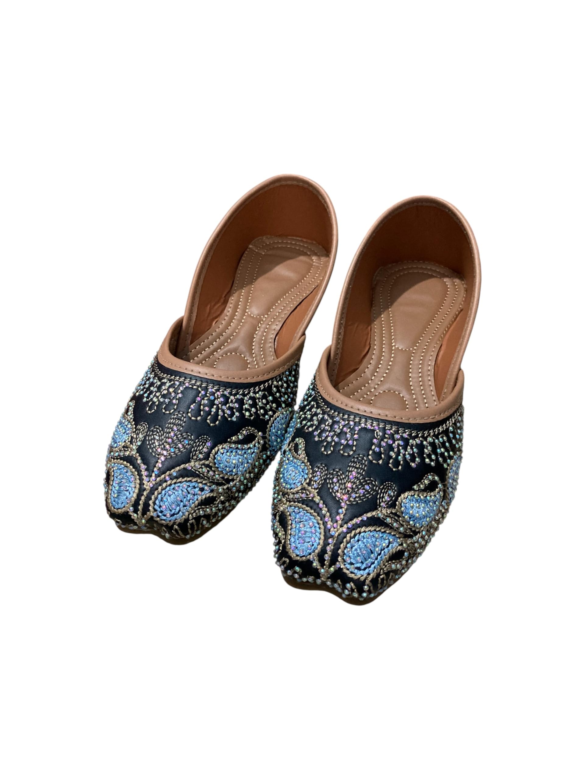 Women's Stylish Juttis & Mojaris, Blue Embroidered Floral Pattern, Traditional Indian Footwear-image-8