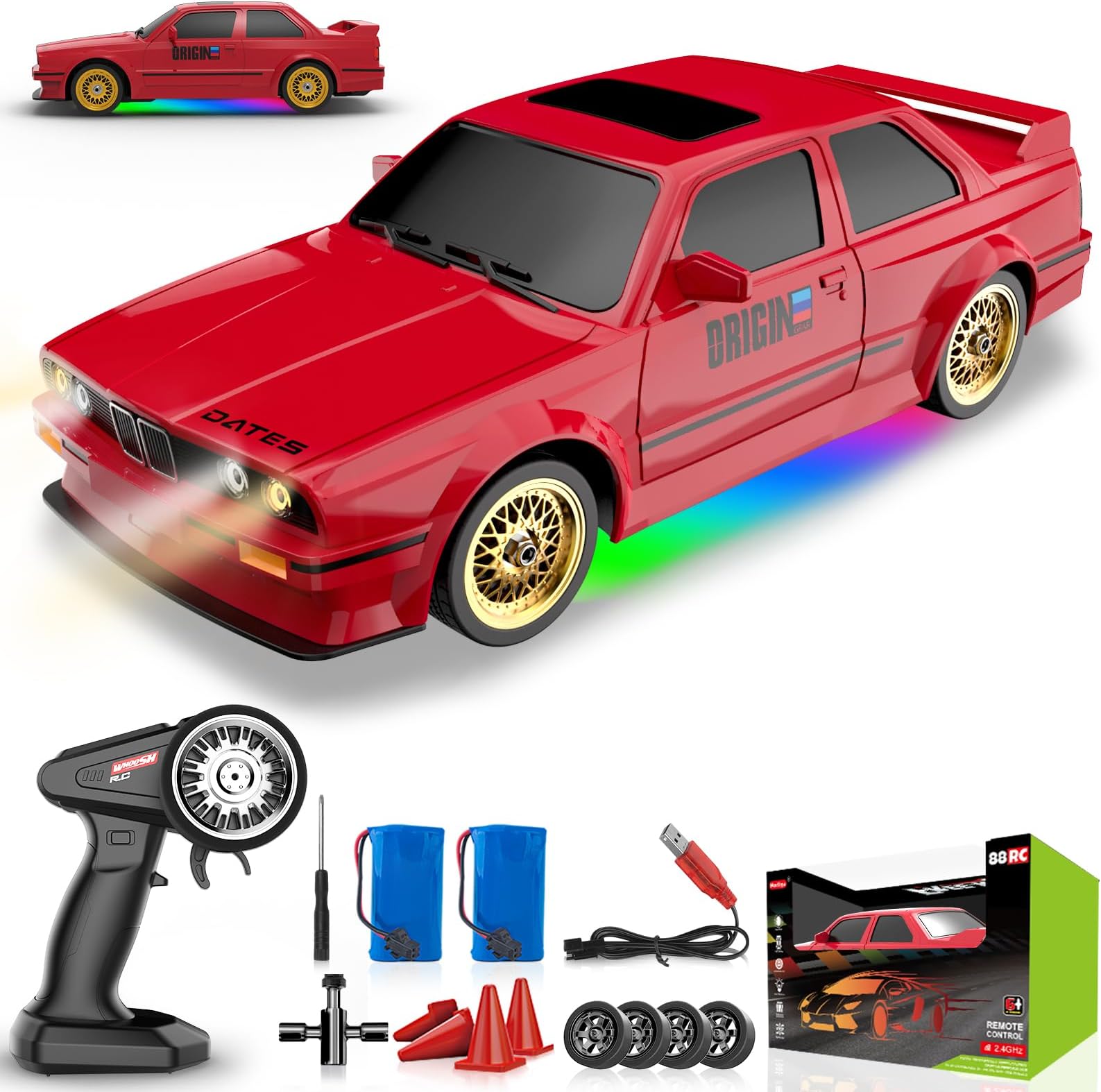 Remote Control Cars 1:16 Scale RC Drift Car 2.4Ghz 30KM/H High Speed 4WD RTR Racing Car with Drift Tires LED Lights 2PCS Rechargeable Batteries RC Sport Cars Toys for Adults Kids Gift,Red
