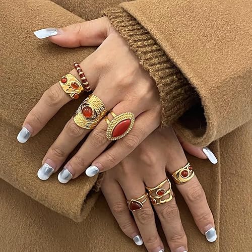 Miniatura 5 de Anillos gruesos de piedra natural, obsidiana negra, ágata roja, cornalina chapada en oro de 18 quilates, anillos de fiesta apilables para mujer