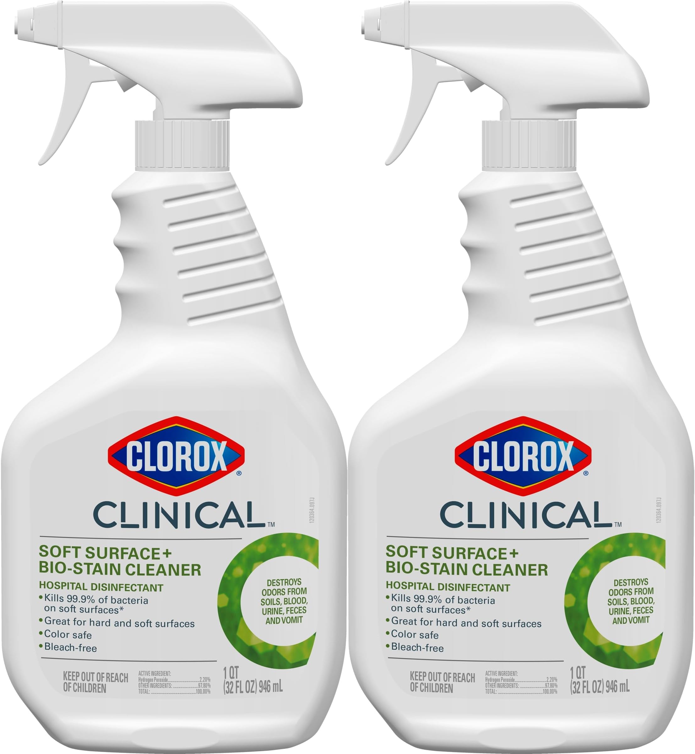 Clorox Clinical Soft Surface + Bio-Stain Cleaner Hospital Disinfectant, 32 Fluid Ounces, Pack of 2