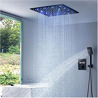 Unterputz Duscharmatur Set Schwarz LED Duschsystem Unterputz mit Thermostat, Duscharmatur Komplettset Messing Dusche Regendusche Set Duschgarnitur mit 40cm Regendusche, 3 Modi Handbrause