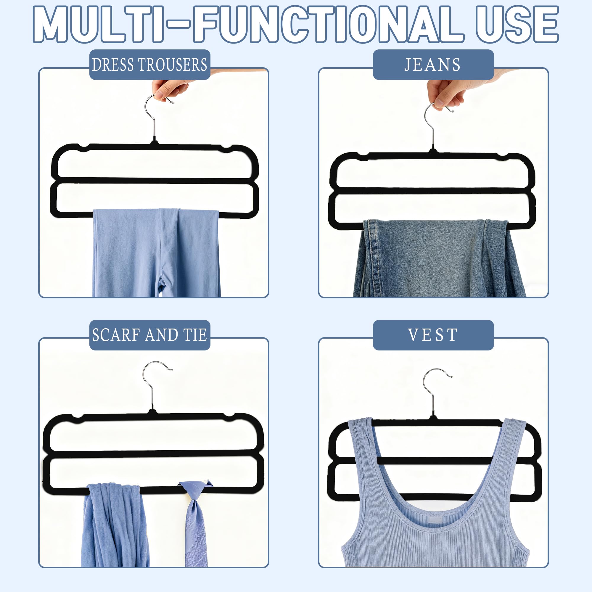 HGYZE Perchas para Pantalones Doble Capa, 10 Perchas de Terciopelo, Ahorro de Espacio, con Gancho Giratorio de 360° para Vestidos, Pantalones Cortos, Vaqueros, Slack, Negro