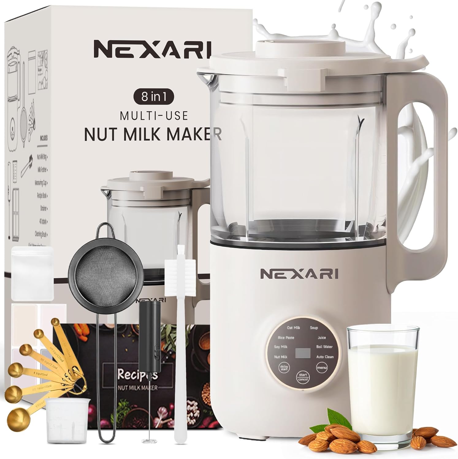 9 pcs Nexari 8-in-1 Nut Milk Maker Machine – 1.2L Stainless Steel & Glass | Almond, Oat, Soy, Coconut Machine | Blenders | Plant-Based Smoothie Blender, Milk Frother & Milkshake maker | Self-Cleaning