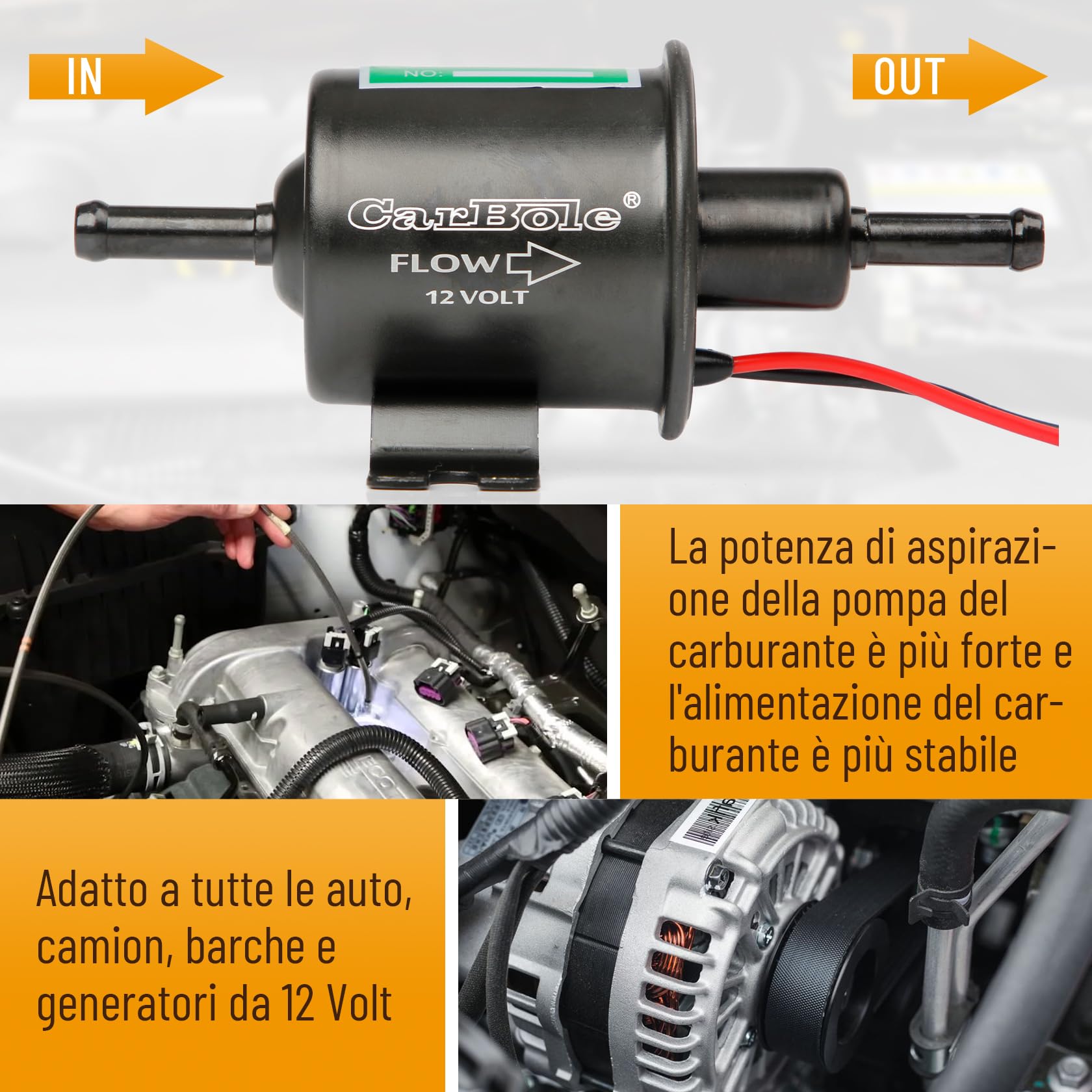 CarBole Pompa Carburante Elettrica 2.5-4 PSI,Pompa di Benzina Universale Adatta per Diesel e Benzina,Filo di Rame Puro,Dimensioni di Ingresso e Uscita di 8mm