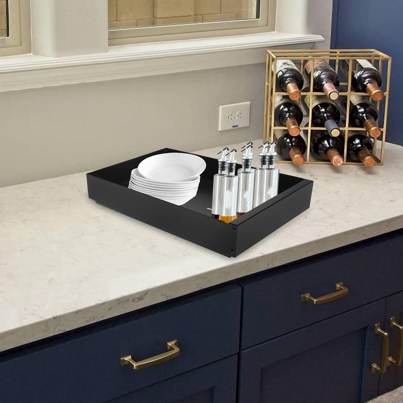 VILLCASE Étagère de Rangement pour Assiettes et Bols, Organisateur de Placard Cuisine Coulissant, Acier au Carbone, Noir, Panier Séparateur Réglable, Égouttoir, pour Vaisselle et