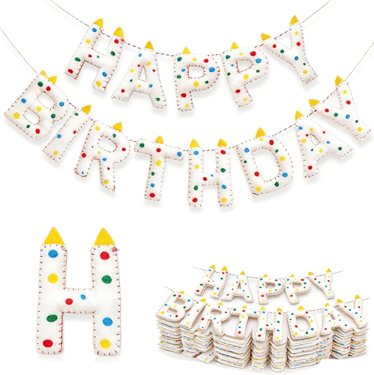 Pre-Strung 3D Wool Felt Happy Birthday Candle Banner,Handmade Confetti Dots Birthday Garland for Party Decorations, Reusable Happy Birthday Sign for Party Supplies Kids Girls Boys Party