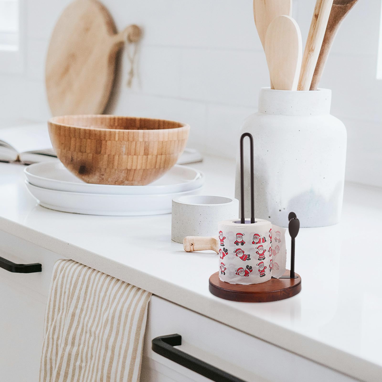 Portarrollos de Papel de Cocina Base de Madera y Estructura Vertical de Hierro, Soporte Duradero para Toallas en Cocina y Comedor Moderno