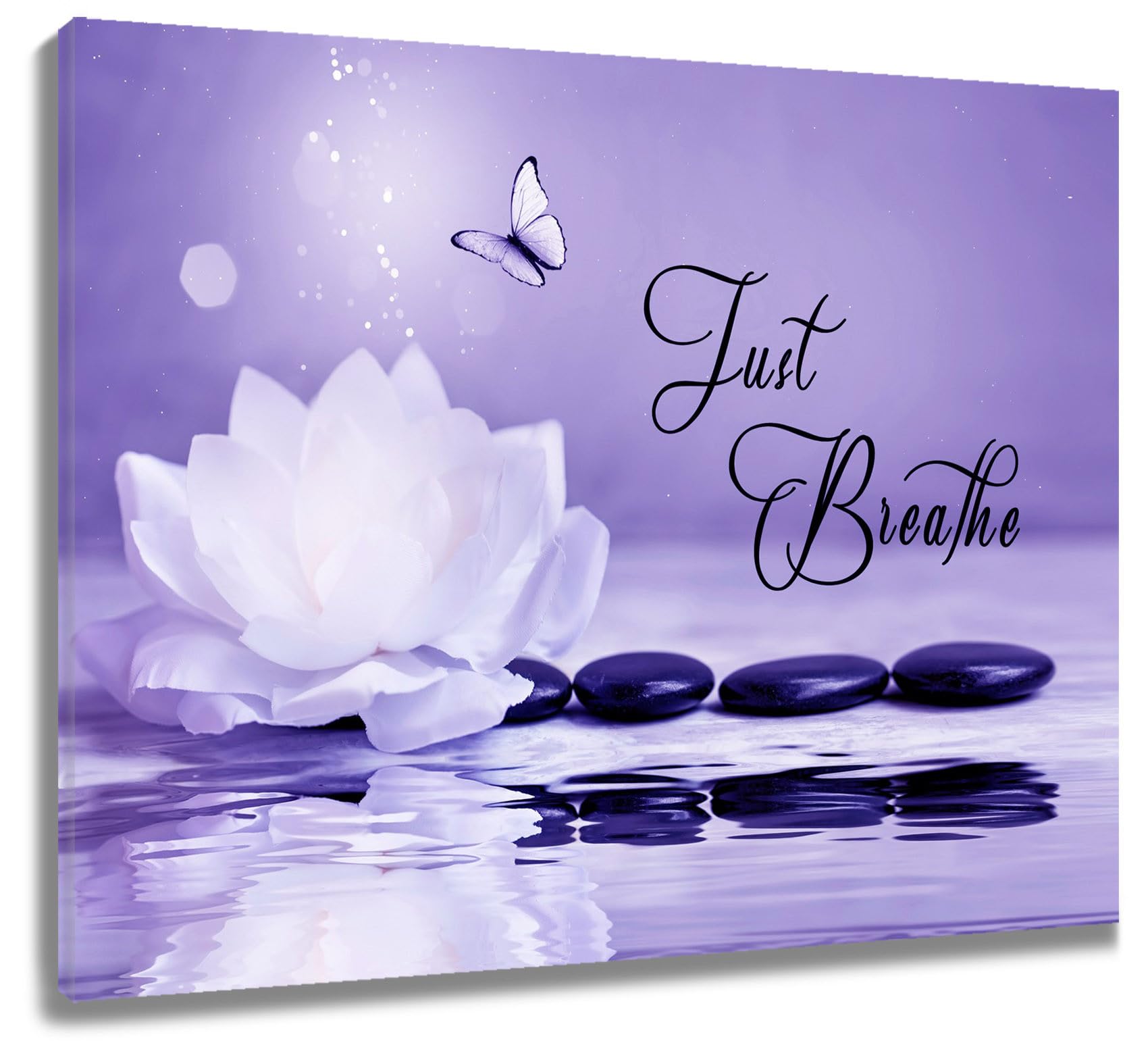 LB Zen Stone Wall Art Waterlily Flower Purple Butterfly Canvas Wall Art for Living Room Just Breathe Yoga Spa Relax Poster Paint Wall Art Decor for Bathroom Kitchen Bedroom,16Wx12H inch Wooden Framed — image 1