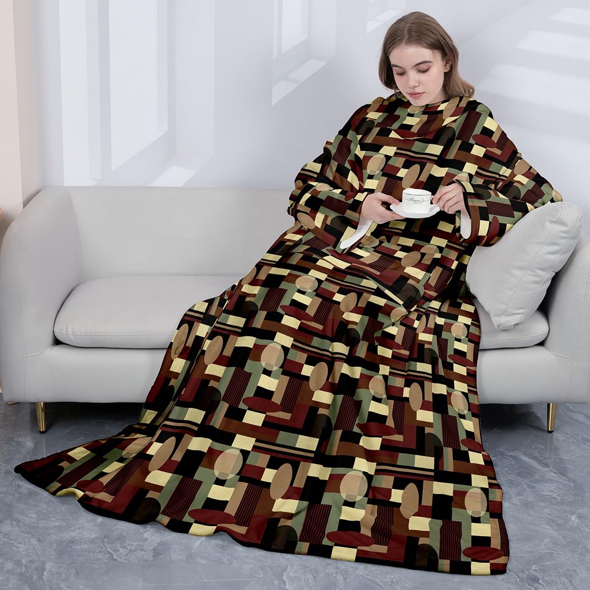 Manta geométrica de forro polar con mangas de 50 x 50 pulgadas, geométrica roja y marrón, cuadrada de manga suave con brazo, manta moderna de arte a rayas, manta cálida de lujo, manta de felpa